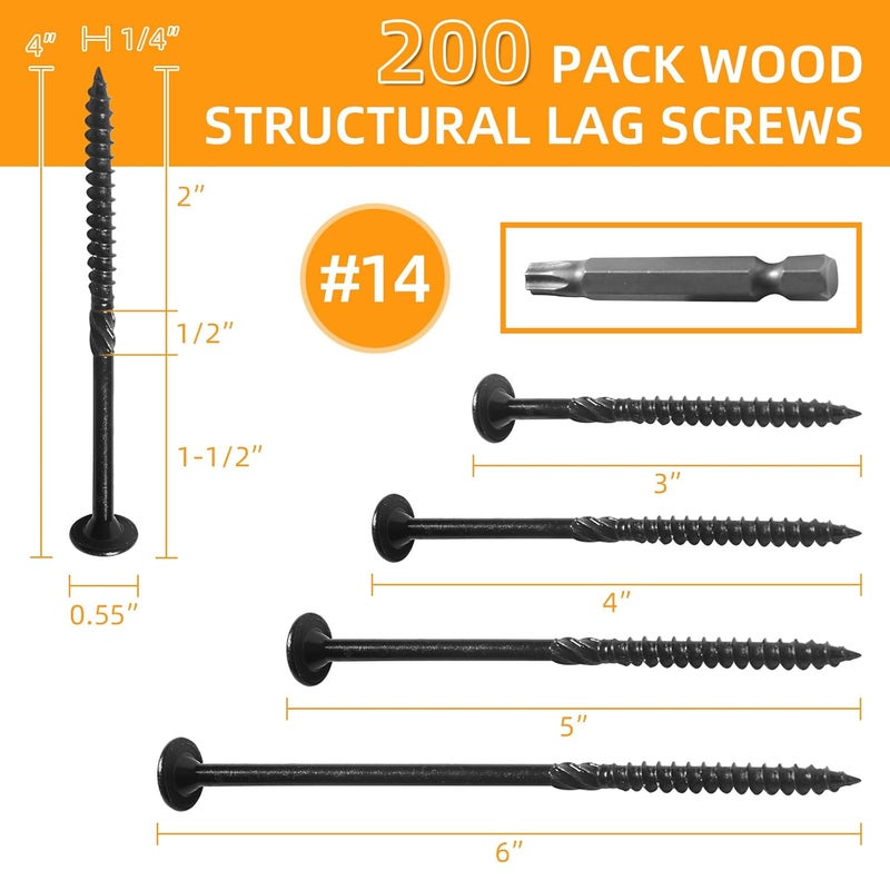 AiVeUao 200Pcs Lag Screws #14 x 4 Inch, Heavy Duty Structural Wood Screws, Star Drive Decking Screw, Wooden Timber Screw for Timber Log Landscaping Wood with T30 Star Bit, Washer Head - Image 2